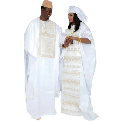 Traditional Bazin Embroidery Dress with Headwrap, and 3Pcs Men's Outfit. - B&R African Styles