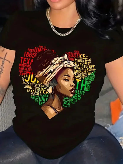 Juneteenth Printed Round Neck Casual T-shirt: Harajuku Style for Women's Freedom Festival - B&R African Styles