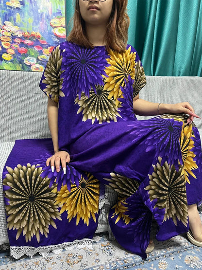 Floral Cotton Abaya for Women with Short Sleeves and Matching Scarf - B&R African Styles