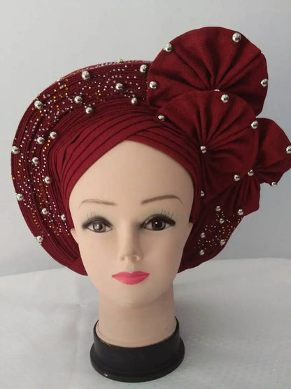 Head Wrap African Aso Oke Gele Headtie Auto Gele With Beads For Wedding Party - B&R African Styles