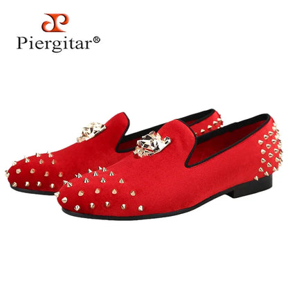 Men's Velvet Shoes: Stylish Slip-On Loafers with Gold Tiger Buckle and Spikes, Perfect for Fashion Parties and Casual Luxury - B&R African Styles