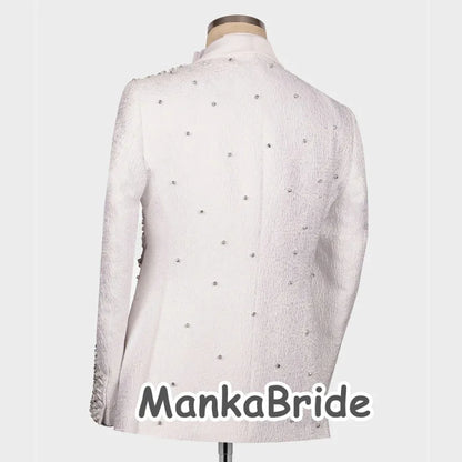Luxury Wedding Tuxedo White Men's Suits 3pcs Slim Fit Appliques Crystals - B&R African Styles