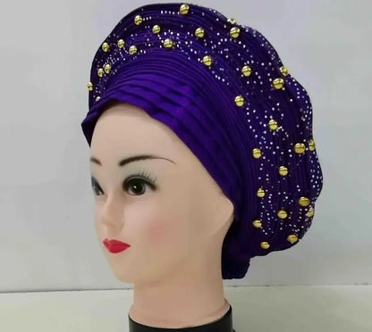 Head Wrap African Aso Oke Gele Headtie Auto Gele With Beads For Wedding Party - B&R African Styles