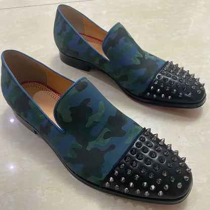 Handcrafted Men's Luxury Rivet Loafers: New Camouflage Spiked Slip-Ons in Leather, Perfect for Casual and Dressy Occasions - B&R African Styles