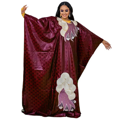 African Bazin Embroidery Long Maxi Dress with Scarf - B&R African Styles