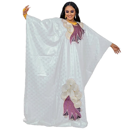 African Bazin Embroidery Long Maxi Dress with Scarf - B&R African Styles