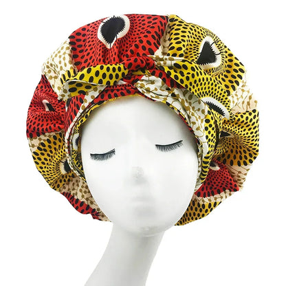 African Print Satin Bonnet with Long Ribbon Wrap Double Layer Headwrap Ankara Pattern Women Hair Cover Hair Wrap Cap - B&R African Styles