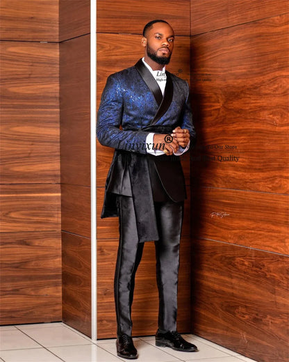 2pcs Blue Jacquard Men's Wedding Slim Suit Tuxedo With Cape - B&R African Styles