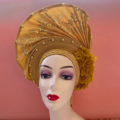 Head Wrap African Aso Oke Gele Headtie Auto Gele With Beads For Wedding Party - B&R African Styles
