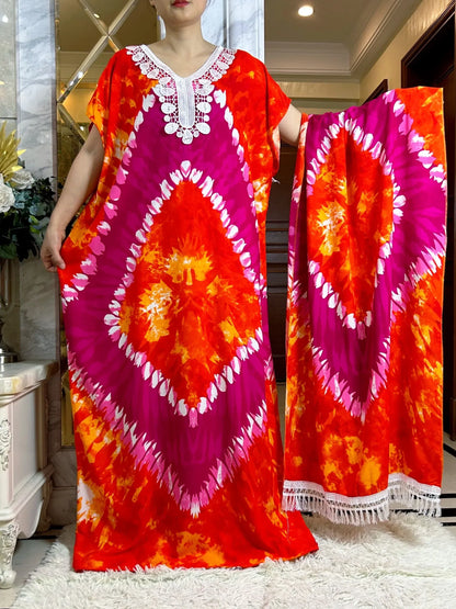 2024 African Floral Dashiki Cotton Maxi Dress - Elegant Tie-Dye Abaya - B&R African Styles