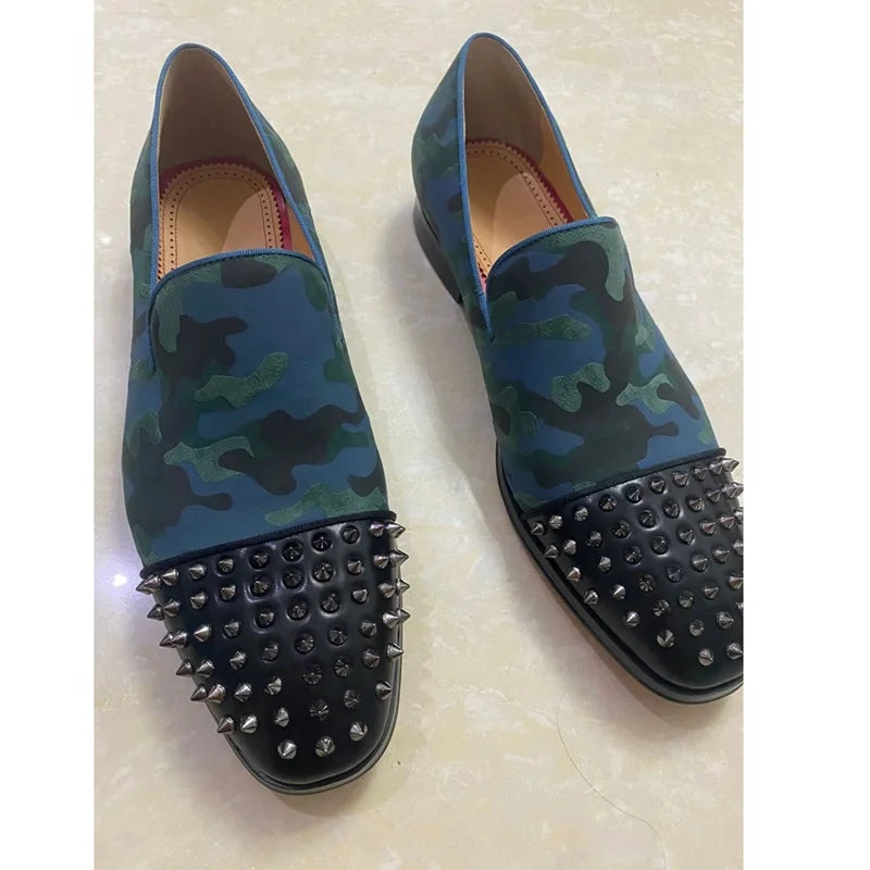 Handcrafted Men's Luxury Rivet Loafers: New Camouflage Spiked Slip-Ons in Leather, Perfect for Casual and Dressy Occasions