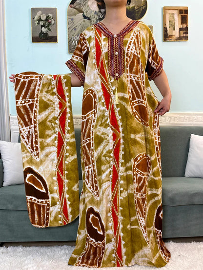 Printed Cotton V-Neck Abayas with Appliques & Pockets - Loose Fit Dress & Headscarf for Women - B&R African Styles