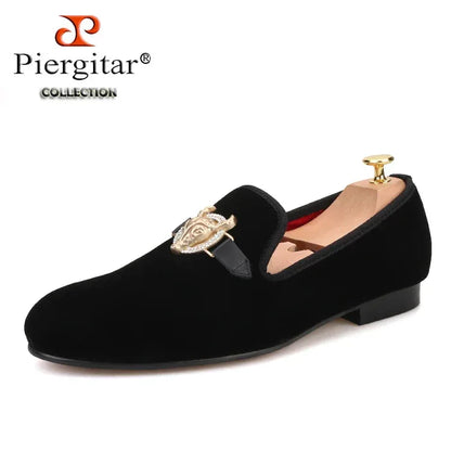 Piergitar Handmade Velvet Men's Smoking Slippers: Cow Buckle, Fashionable Slip-On Loafers for Prom and Banquets - B&R African Styles