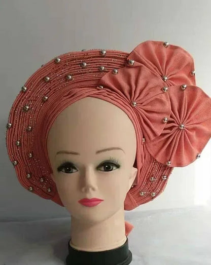Head Wrap African Aso Oke Gele Headtie Auto Gele With Beads For Wedding Party - B&R African Styles