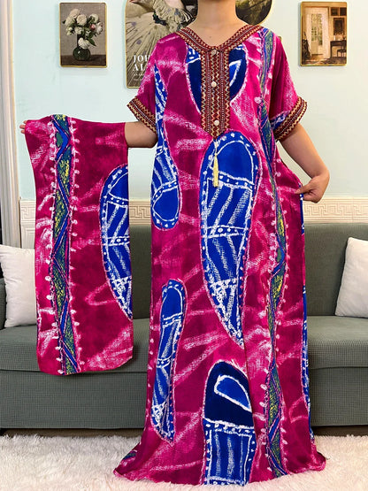 Printed Cotton V-Neck Abayas with Appliques & Pockets - Loose Fit Dress & Headscarf for Women - B&R African Styles