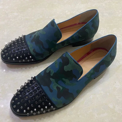 Handcrafted Men's Luxury Rivet Loafers: New Camouflage Spiked Slip-Ons in Leather, Perfect for Casual and Dressy Occasions - B&R African Styles