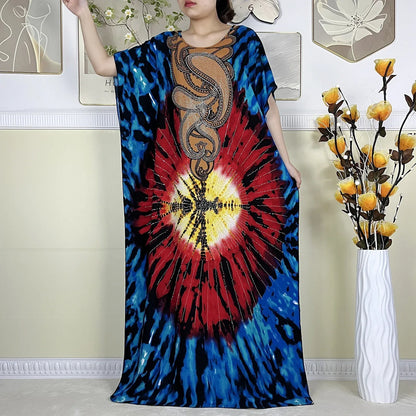 Women's African Dress with Diamonds & Matching Scarf – Cotton Short Sleeve Kaftan - B&R African Styles