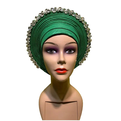 Blue African Hijab Caps with Diamonds Aso Oke Gele Headtie - B&R African Styles