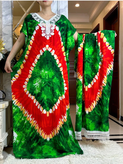 African Dashiki Tie-Dye Dress with Scarf - Floral Cotton Kaftan - B&R African Styles