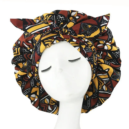 African Print Satin Bonnet with Long Ribbon Wrap Double Layer Headwrap Ankara Pattern Women Hair Cover Hair Wrap Cap - B&R African Styles