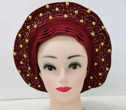 Head Wrap African Aso Oke Gele Headtie Auto Gele With Beads For Wedding Party - B&R African Styles