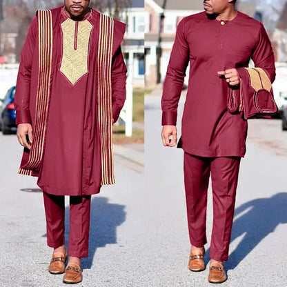 3Pcs African Agbada Suit For Men Embroidered Coat Shirt Pants - B&R African Styles