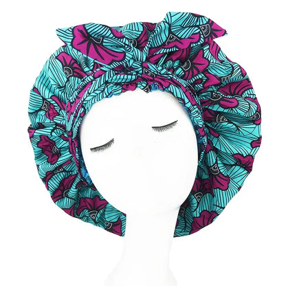 African Print Satin Bonnet with Long Ribbon Wrap Double Layer Headwrap Ankara Pattern Women Hair Cover Hair Wrap Cap - B&R African Styles