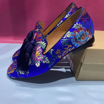 Handcrafted Luxury Men's Tassel Loafers: Elegant Satin Embroidery for Casual and Formal Wear, Perfect for Parties and Proms - B&R African Styles
