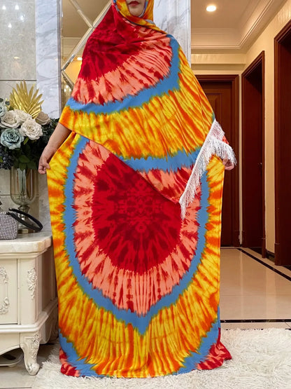 African Dashiki Tie-Dye Dress with Scarf - Floral Cotton Kaftan - B&R African Styles