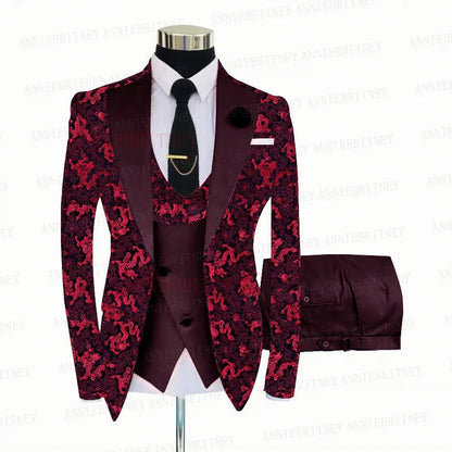 Red Floral Print Men's Suit 3 Pieces Slim fit Suit Jacket For Wedding, Special Events - B&R African Styles
