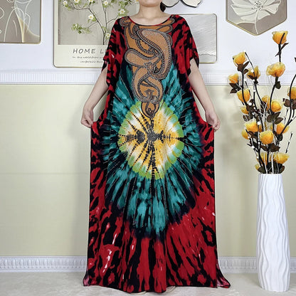 Women's African Dress with Diamonds & Matching Scarf – Cotton Short Sleeve Kaftan - B&R African Styles