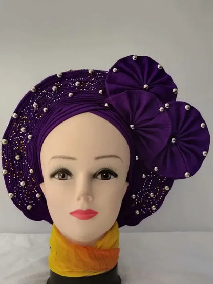 Head Wrap African Aso Oke Gele Headtie Auto Gele With Beads For Wedding Party - B&R African Styles