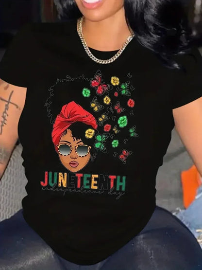 Juneteenth Printed Round Neck Casual T-shirt: Harajuku Style for Women's Freedom Festival - B&R African Styles