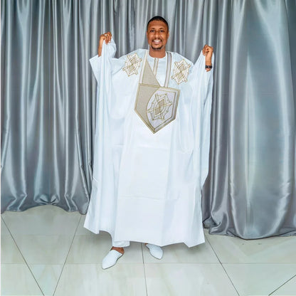 3PCS Men's African Traditional Bazin Riche Embroidery Outfit - B&R African Styles