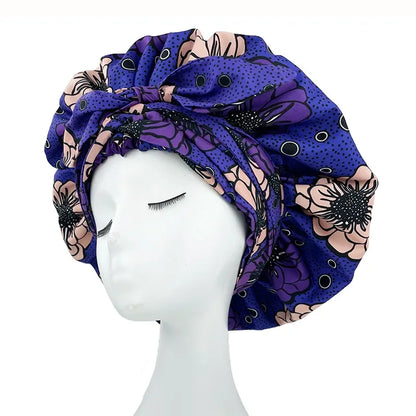African Print Satin Bonnet with Long Ribbon Wrap Double Layer Headwrap Ankara Pattern Women Hair Cover Hair Wrap Cap - B&R African Styles
