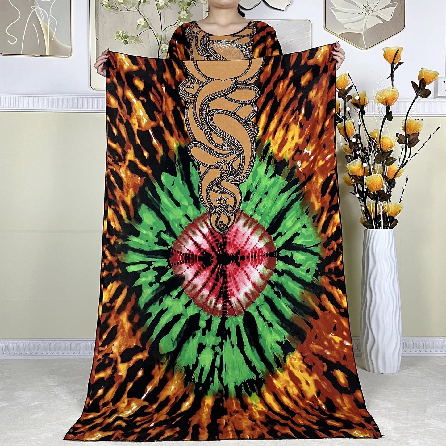 Women's African  Dress with Diamonds & Matching Scarf – Cotton Short Sleeve Kaftan