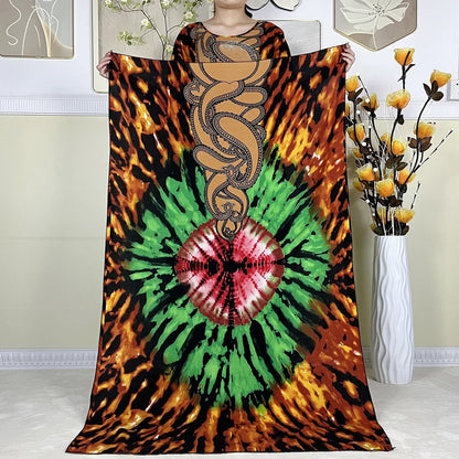 Women's African Dress with Diamonds & Matching Scarf – Cotton Short Sleeve Kaftan - B&R African Styles