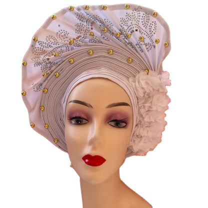 Head Wrap African Aso Oke Gele Headtie Auto Gele With Beads For Wedding Party - B&R African Styles
