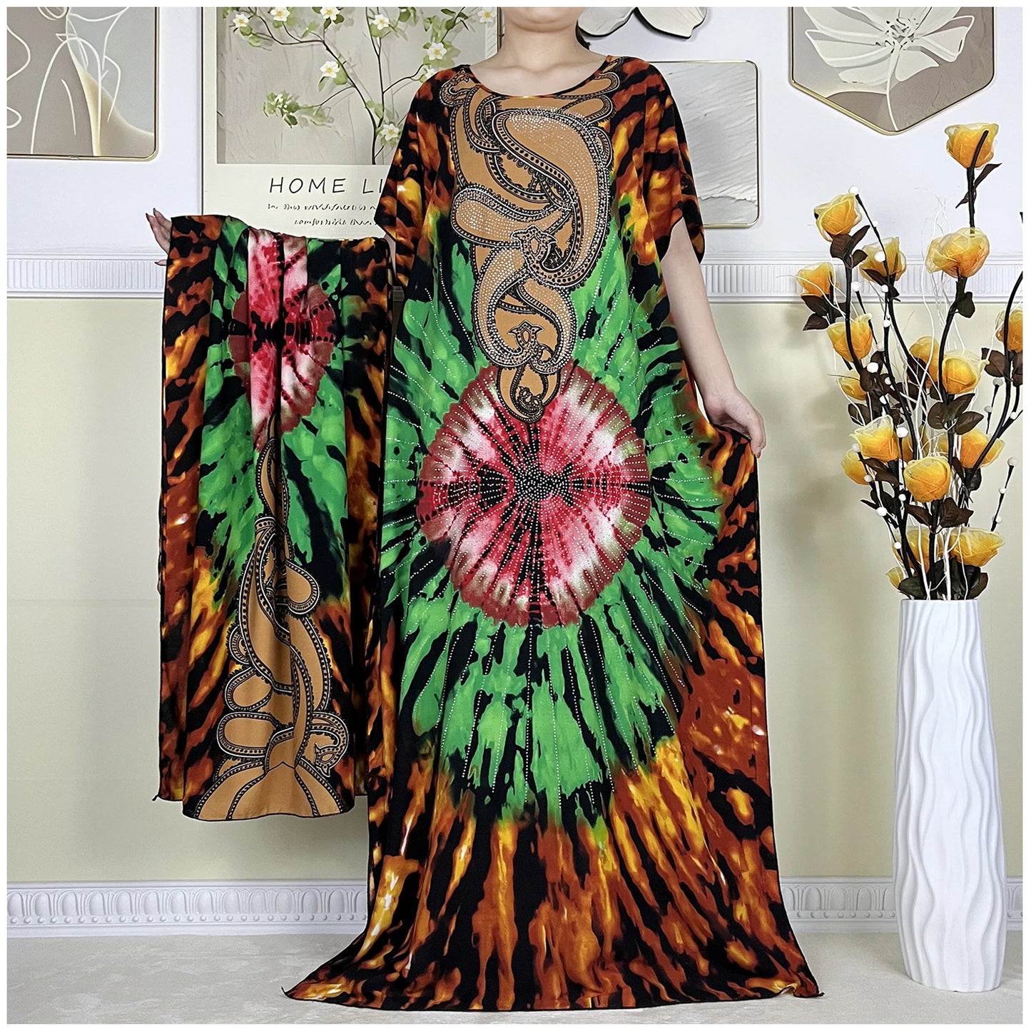 Women's African  Dress with Diamonds & Matching Scarf – Cotton Short Sleeve Kaftan