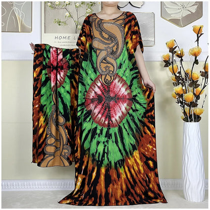 Women's African Dress with Diamonds & Matching Scarf – Cotton Short Sleeve Kaftan - B&R African Styles