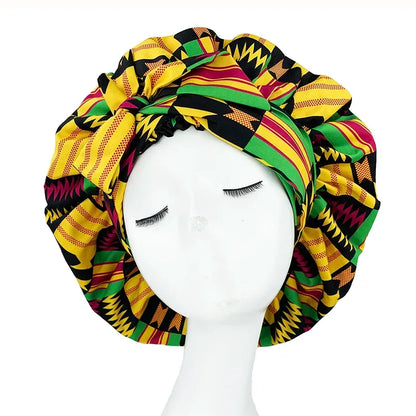 African Print Satin Bonnet with Long Ribbon Wrap Double Layer Headwrap Ankara Pattern Women Hair Cover Hair Wrap Cap - B&R African Styles