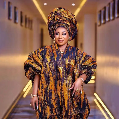 African Mother Gold Jacquard Fabric Loose Dress - B&R African Styles