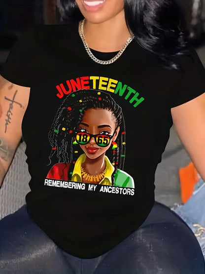 Plus Size Juneteenth Casual T-shirt, Women's Plus Cartoon Figure & Letter Print Short Sleeve Round Neck Slight Stretch T-shirt - B&R African Styles