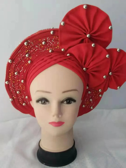 Head Wrap African Aso Oke Gele Headtie Auto Gele With Beads For Wedding Party - B&R African Styles