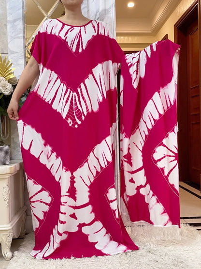 African Dashiki Tie-Dye Dress with Scarf - Floral Cotton Kaftan - B&R African Styles