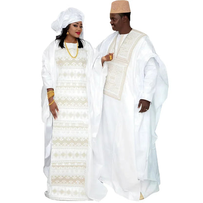 Traditional Bazin Embroidery Dress with Headwrap, and 3Pcs Men's Outfit. - B&R African Styles