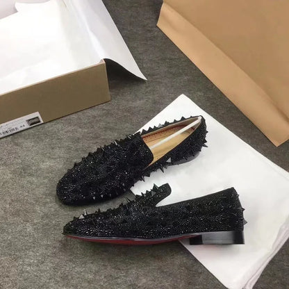 Handcrafted Luxury Men's Black Rhinestone Loafers: Red Bottom Party & Wedding Shoes - B&R African Styles