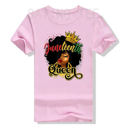 Juneteenth Queen: Afro Natural Hair Graphic Tee Celebrating Black Girl Magic & Family Unity - B&R African Styles