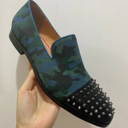 Handcrafted Men's Luxury Rivet Loafers: New Camouflage Spiked Slip-Ons in Leather, Perfect for Casual and Dressy Occasions - B&R African Styles