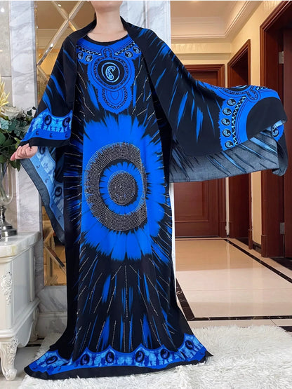 Elegant Tie-Dye Abaya African Floral Cotton Maxi Dress - B&R African Styles